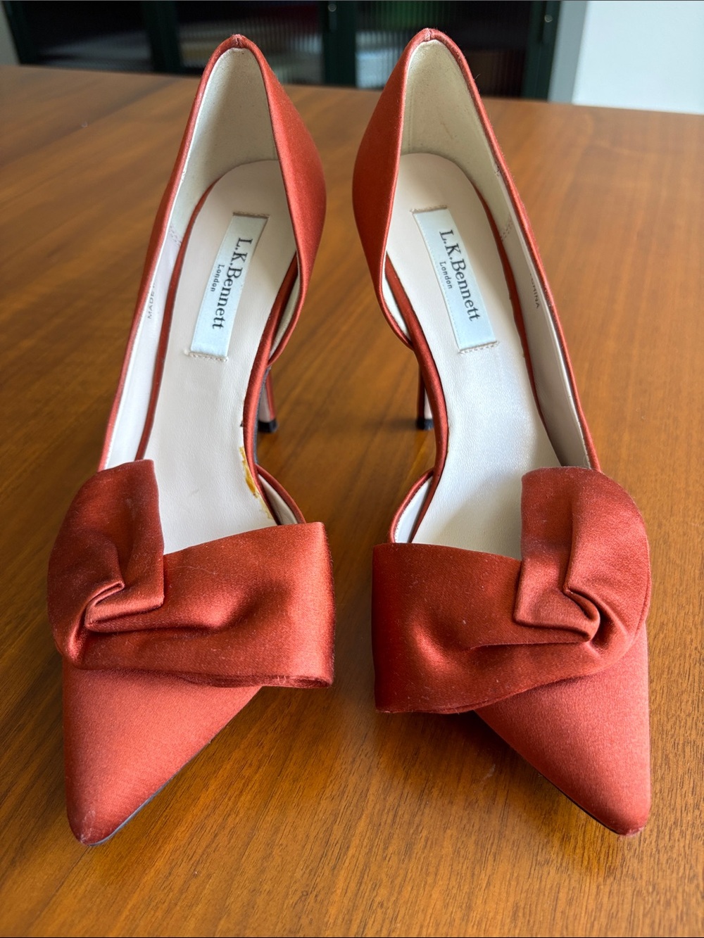 LK Bennett Rust Satin Pointed-Toe Pumps with Knot Accent